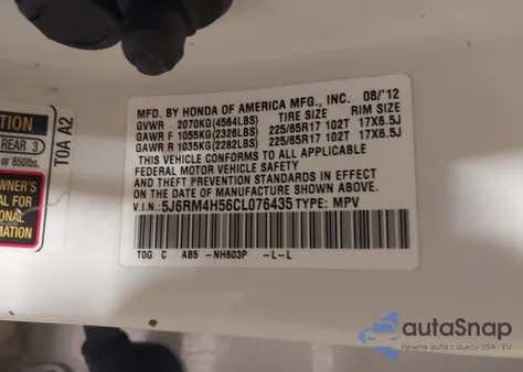 2012 Honda Cr-V Ex from USA, damaged, VIN 5J6RM4H56CL076435